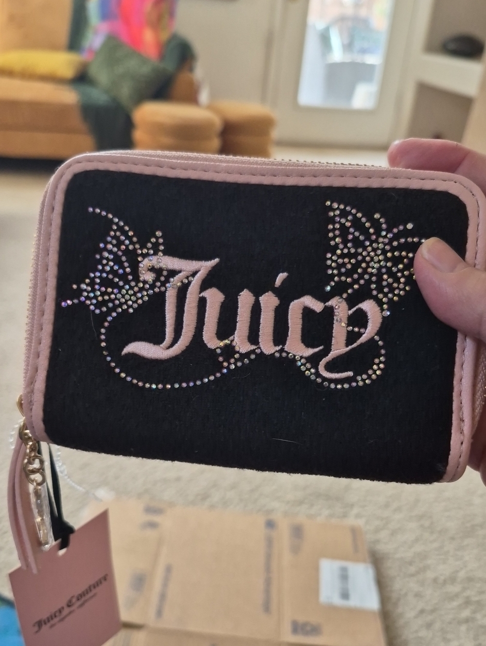 Juicy Couture Black and Pink Rhinestone Embellished Zip Wallet